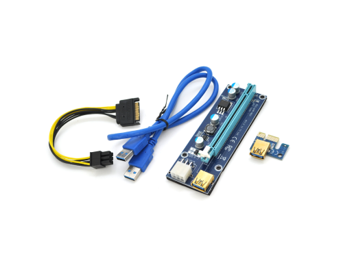 Riser PCI-EX, x1 => x16, 6-pin, SATA => 6Pin, USB 3.0 AM-AM 0,6 м (синій), конденсатори 270, Пакет
