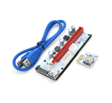 Riser PCI-EX, x1 => x16, 4-pin / 6-pin / Sata, USB 3.0 AM-AM 0,6 м (синій), конденсатори 270, White/Red, Пакет