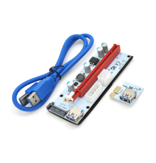 Riser PCI-EX, x1 => x16, 4-pin / 6-pin / Sata, USB 3.0 AM-AM 0,6 м (синій), конденсатори 270, White/Red, Пакет