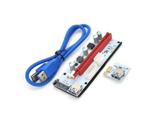 Riser PCI-EX, x1 => x16, 4-pin / 6-pin / Sata, USB 3.0 AM-AM 0,6 м (синій), конденсатори 270, White/Red, Пакет