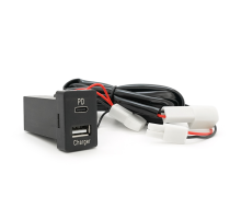 Flush-mounted car charger 38W-L01T03-Fuse, PD+QC, Type-C: 20W, USB: 18W, soldering wire kit with fuse, 33x22x58mm, Black