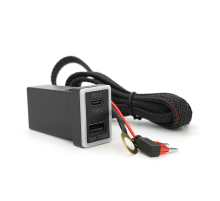 АЗУ врізне 60W-D01T03-Fuse, PD+QC, Type-C: 30W, USB: 30W, LED підсвічування, комплект проводів під паяння з запобіжником, 33x22х58mm, Black