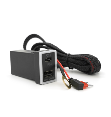 АЗУ врізне 60W-D01T03-Fuse, PD+QC, Type-C: 30W, USB: 30W, LED підсвічування, комплект проводів під паяння з запобіжником, 33x22х58mm, Black