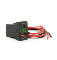 АЗУ FPUV-G, PD+QC3.0, Type-C: 30W, 5V-3A/9V-3A/12V-2.5A, USB: 18W, 5V-3.4A/9V-2A/12V-1.5A, 33x23mm, LED Green, Black
