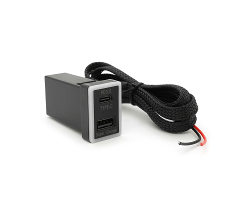 АЗУ врізне 60W-D01T03-S, PD+QC, Type-C: 30W, USB: 30W, LED підсвічування, комплект проводів під паяння, 33x22х58mm, Black АЗУ врізне 60W-D01T03-S, PD+QC, Type-C: 30W, USB: 30W, LED підсвічування, комплект проводів під паяння, 33x22х58mm, Black
