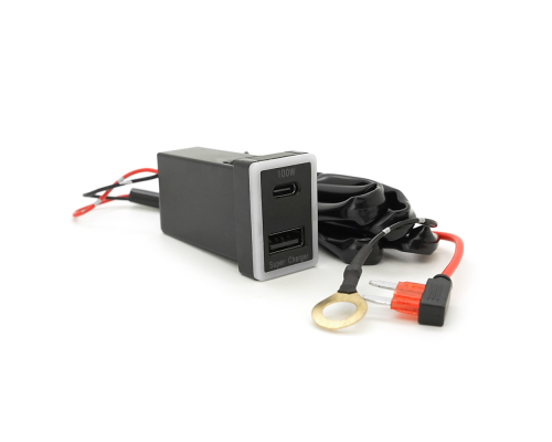 АЗУ врізне 130W-D01T03-Fuse, PD+QC, Type-C: 100W, USB: 30W, LED підсвічування, комплект проводів з роз'ємами та запобіжником, 33x22х58mm, Black