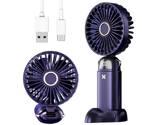 Портативный вентилятор Mini fan XL-880 диаметр 9 см с подставкой для телефона и дисплеем синий