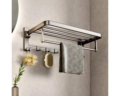 Полка Nest Sunny прямая откидная с перекладиной и крючками в ванную Графит 60см Полка Nest Sunny прямая откидная с перекладиной и крючками в ванную Графит 60см