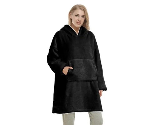Толстовка плед із рукавами та капюшоном Huggle Hoodie оверсайз, тепле худі з великою кишенею для рук Чорний