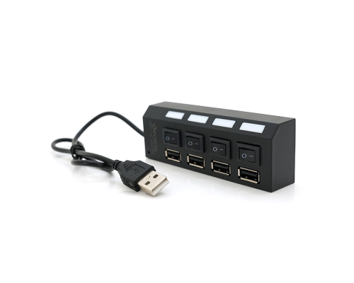 Хаб USB 2.0 4 порти з перемикачами на кожен порт, Black, 480Mbts High Speed, підтримка до 0,5ТВ, живлення від USB, Blister Q100