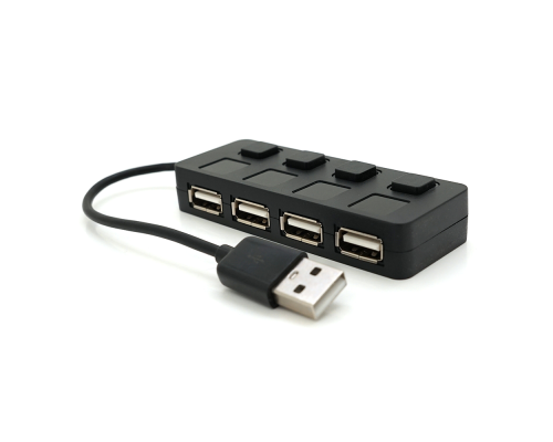 Хаб USB 2.0 4 порти, Black, 480Mbts живлення від USB, з кнопкою LED/Blue на кожен порт, Blister Q100