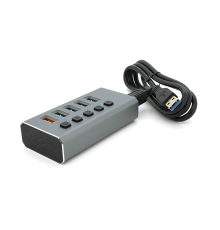 Хаб USB 3.0, 4 порти USB 3.0 + 1 порт QC3.0, з перемикачами на кожен порт, DC5V3A, Black, BOX