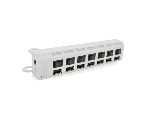 Хаб USB 2.0 7 портов с переключателями на каждый порт, White, 480Mbts High Speed, питание от USB, Blister Q100