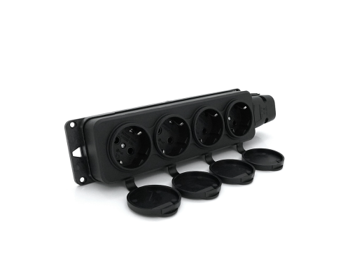 Колодка PiPo PP / SP-4/44 / 16B, 16А, 220-240В, IP44, з заглушкою, із заземленням 4 гнізда, каучук, чорний, Q10