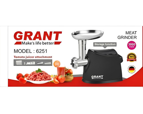 Электрическая мясорубка GRANT 6251 3000W с соковыжималкой для томатного сока Черная Электрическая мясорубка GRANT 6251 3000W с соковыжималкой для томатного сока Черная