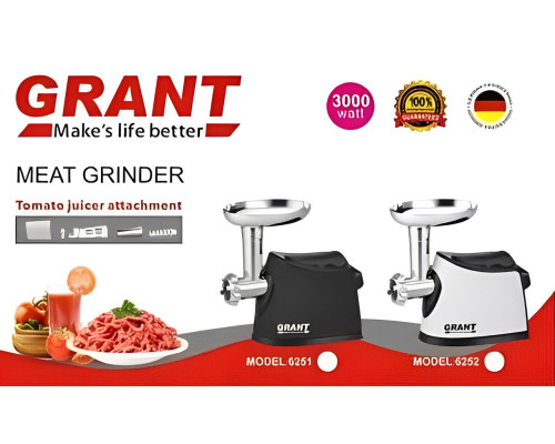Электрическая мясорубка GRANT 6251 3000W с соковыжималкой для томатного сока Черная Электрическая мясорубка GRANT 6251 3000W с соковыжималкой для томатного сока Черная