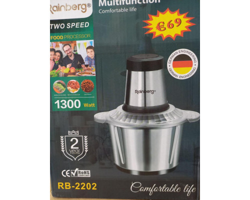 Измельчитель чаша 2 л 4 лезвия из нержавеющей стали Rainberg RB-2202 1300 Watt Измельчитель чаша 2 л 4 лезвия из нержавеющей стали Rainberg RB-2202 1300 Watt