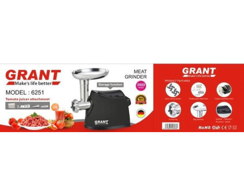 Электрическая мясорубка GRANT 6251 3000W с соковыжималкой для томатного сока Черная Электрическая мясорубка GRANT 6251 3000W с соковыжималкой для томатного сока Черная
