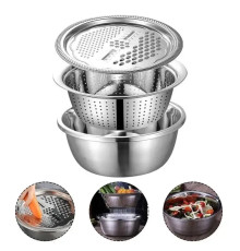 Многофункциональный кухонный набор из нержавеющей стали 3 в 1 Metal Basket Cutter Миска дуршлаг и терка