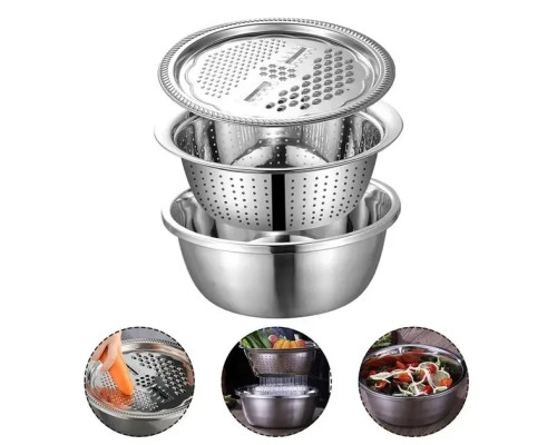 Многофункциональный кухонный набор из нержавеющей стали 3 в 1 Metal Basket Cutter Миска дуршлаг и терка