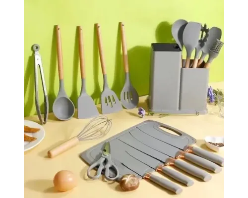 Набор кухонных принадлежностей Серый на подставке TS Kitchen 19 штук из силикона с бамбуковой ручкой Набор кухонных принадлежностей Серый на подставке TS Kitchen 19 штук из силикона с бамбуковой ручкой