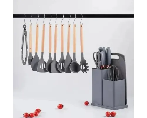 Набор кухонных принадлежностей Серый на подставке TS Kitchen 19 штук из силикона с бамбуковой ручкой Набор кухонных принадлежностей Серый на подставке TS Kitchen 19 штук из силикона с бамбуковой ручкой