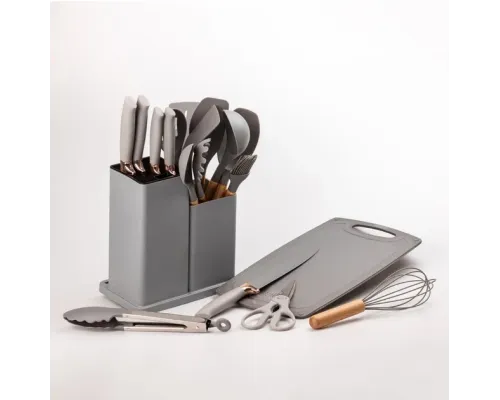 Набор кухонных принадлежностей Серый на подставке TS Kitchen 19 штук из силикона с бамбуковой ручкой Набор кухонных принадлежностей Серый на подставке TS Kitchen 19 штук из силикона с бамбуковой ручкой