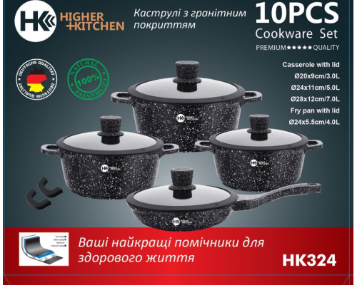 Набор кастрюль с антипригарным гранитным покрытием Higher Kitchen и крышками (10 предметов) НК 324 Черный Набор кастрюль с антипригарным гранитным покрытием Higher Kitchen и крышками (10 предметов) НК 324 Черный
