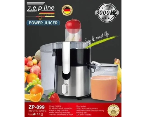 Соковыжималка Zepline ZP-099 с усиленной мощностью 3000W, из нержавеющей стали, широкой горловиной Соковыжималка Zepline ZP-099 с усиленной мощностью 3000W, из нержавеющей стали, широкой горловиной