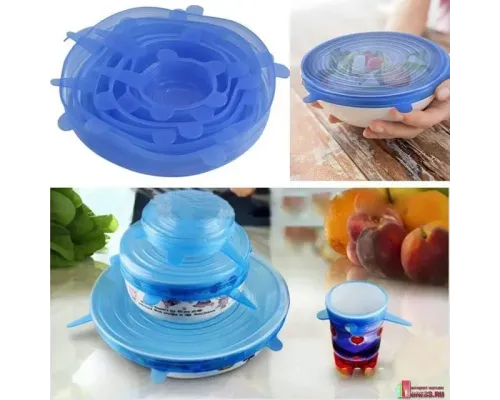 Набор многоразовых силиконовых крышек для посуды 6 штук Super Stretch SILICONE Lids СИНИЕ Набор многоразовых силиконовых крышек для посуды 6 штук Super Stretch SILICONE Lids СИНИЕ