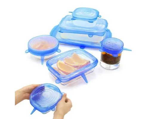 Набор многоразовых силиконовых крышек для посуды 6 штук Super Stretch SILICONE Lids СИНИЕ Набор многоразовых силиконовых крышек для посуды 6 штук Super Stretch SILICONE Lids СИНИЕ