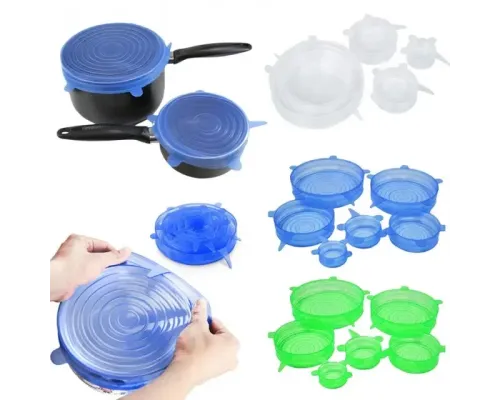 Набор многоразовых силиконовых крышек для посуды 6 штук Super Stretch SILICONE Lids СИНИЕ Набор многоразовых силиконовых крышек для посуды 6 штук Super Stretch SILICONE Lids СИНИЕ