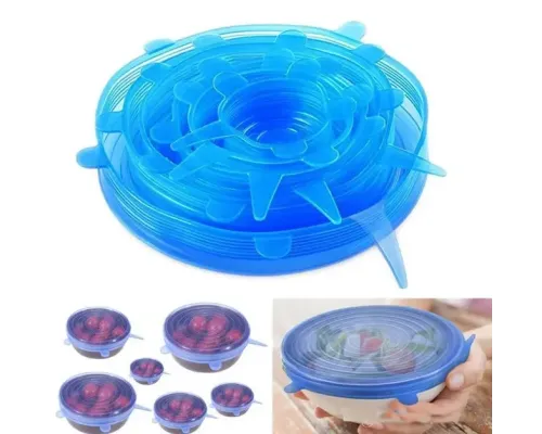 Набор многоразовых силиконовых крышек для посуды 6 штук Super Stretch SILICONE Lids СИНИЕ Набор многоразовых силиконовых крышек для посуды 6 штук Super Stretch SILICONE Lids СИНИЕ