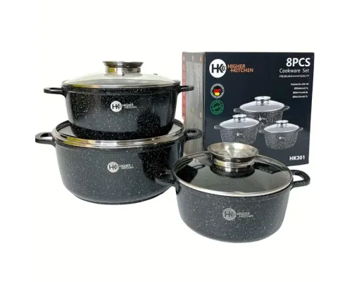 Набор кастрюль из 6 предметов с гранитным антипригарным покрытием Higher Kitchen HK-301, черный Набор кастрюль из 6 предметов с гранитным антипригарным покрытием Higher Kitchen HK-301, черный