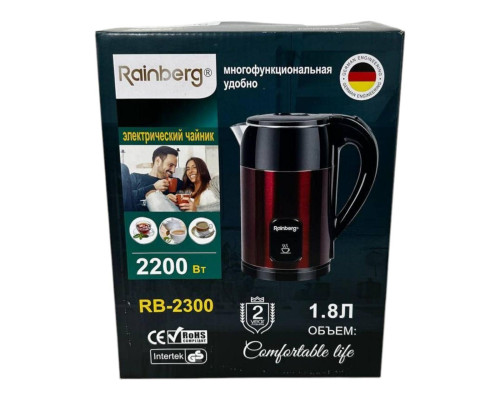 Электрический чайник Rainberg, 2200Вт, 1.8л, мощный чайник из нержавеющей стали RB-2300 красный