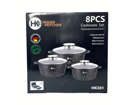 Набор кастрюль из 6 предметов с гранитным антипригарным покрытием Higher Kitchen HK-301, черный Набор кастрюль из 6 предметов с гранитным антипригарным покрытием Higher Kitchen HK-301, черный