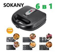 Мультимейкер 6 в 1 750 Вт Sokany SK-908 зі змінними формами для вафель, горішків, печива та страв на грилі