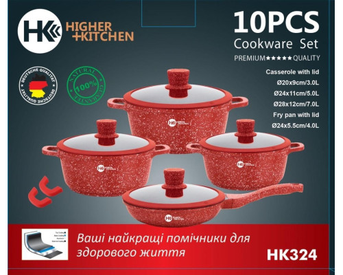 Набір каструль з антипригарним гранітним покриттям і сковорідкою Higher Kitche 10 предметів НК 324 Червоний Набір каструль з антипригарним гранітним покриттям і сковорідкою Higher Kitche 10 предметів НК 324 Червоний