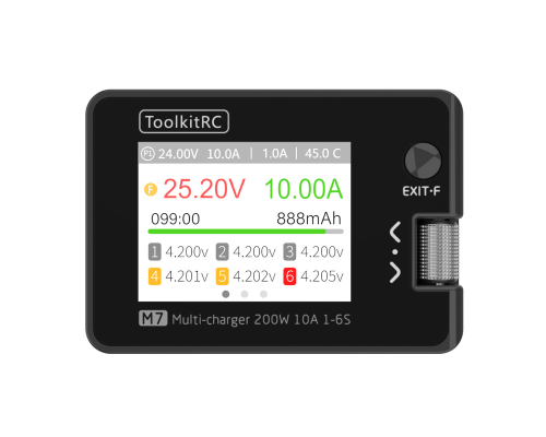 Зарядний пристрій ToolkitRC M7 200Вт, тип АКБ LiPo, LiHv, Li-ion, NiMh, LiFe, Pb, USB iнтерфейс, XT60, вхiд 7-35В, вага 90г, без БЖ