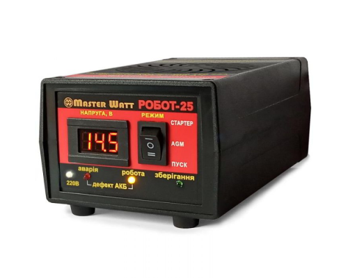 Інтелектуальне ЗУ РОБОТ-25 пуско-зарядне для акумулятора 12V(2-400Ah) (MF, WET, AGM, GEL, CA/CA), 160-245V, Ток заряду 25А, крокодили в комплекті