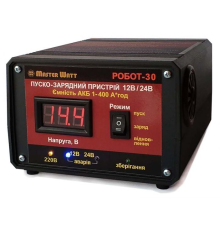Пуско-зарядне ЗУ РОБОТ-30 для акумуляторів 12/24V (1-400Ah) (MF, WET, AGM, GEL, CA/CA), 160-245V, Струм заряду 20А, крокодили в комплекті
