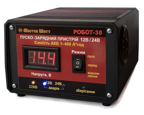 Пуско-зарядне ЗУ РОБОТ-30 для акумуляторів 12/24V (1-400Ah) (MF, WET, AGM, GEL, CA/CA), 160-245V, Струм заряду 20А, крокодили в комплекті